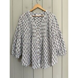 J. Jill Madeira Pintuck Blouse Blue Paisley Sz XL Button Tunic Light Blue